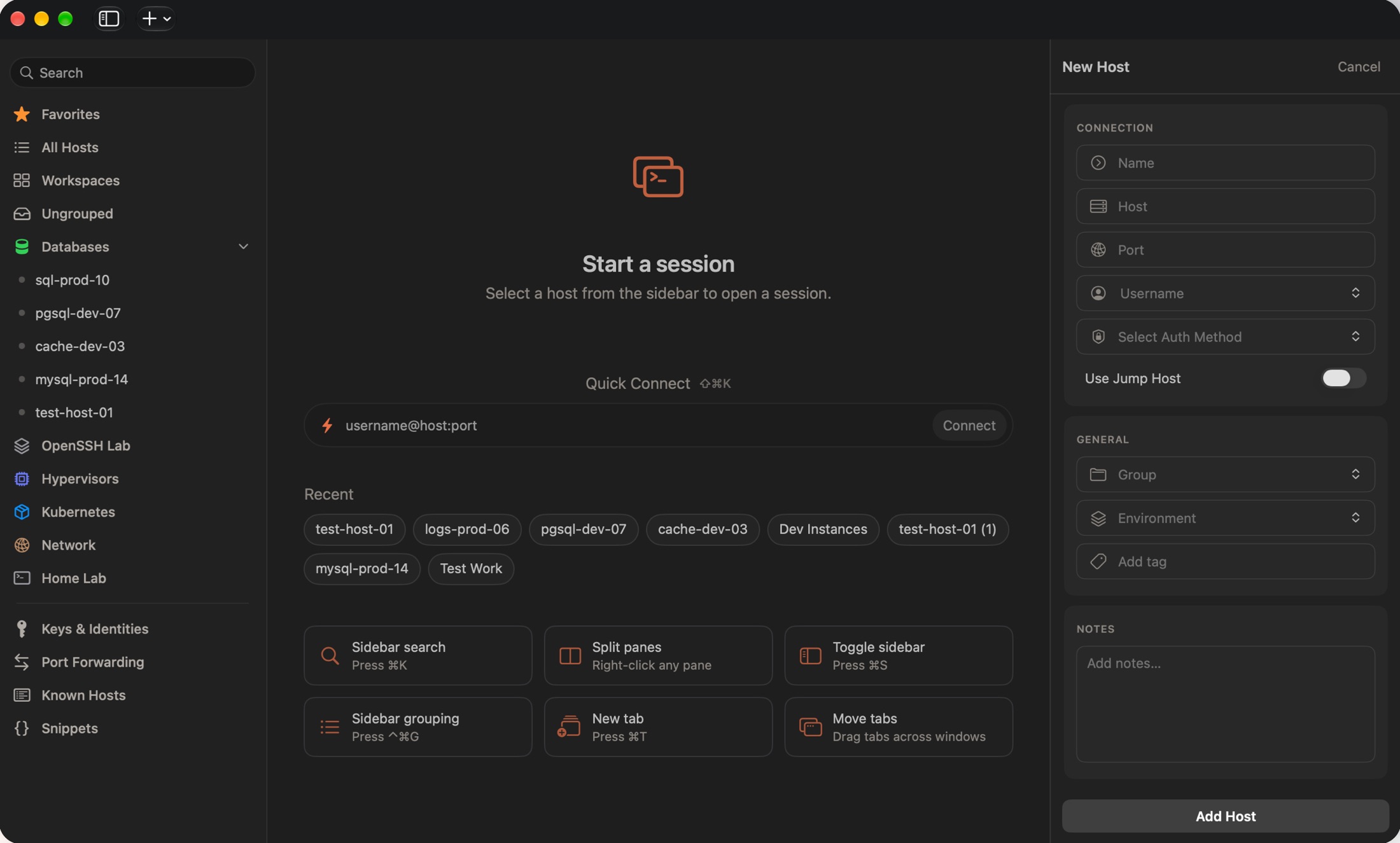 Termbit window with hosts organized into groups in the sidebar, Quick Connect, and the New Host form