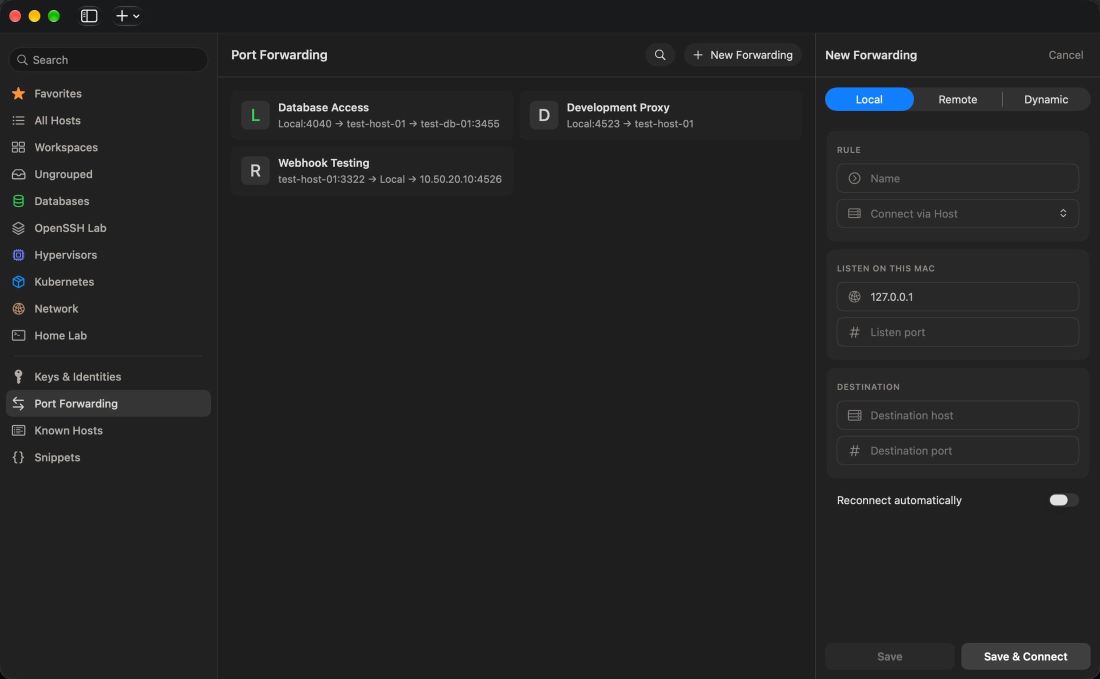 Port Forwarding with saved local, remote and dynamic rules and the New Forwarding form