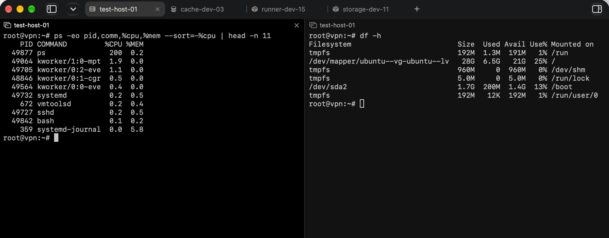 Two SSH sessions in split panes with host tabs across the top of the window