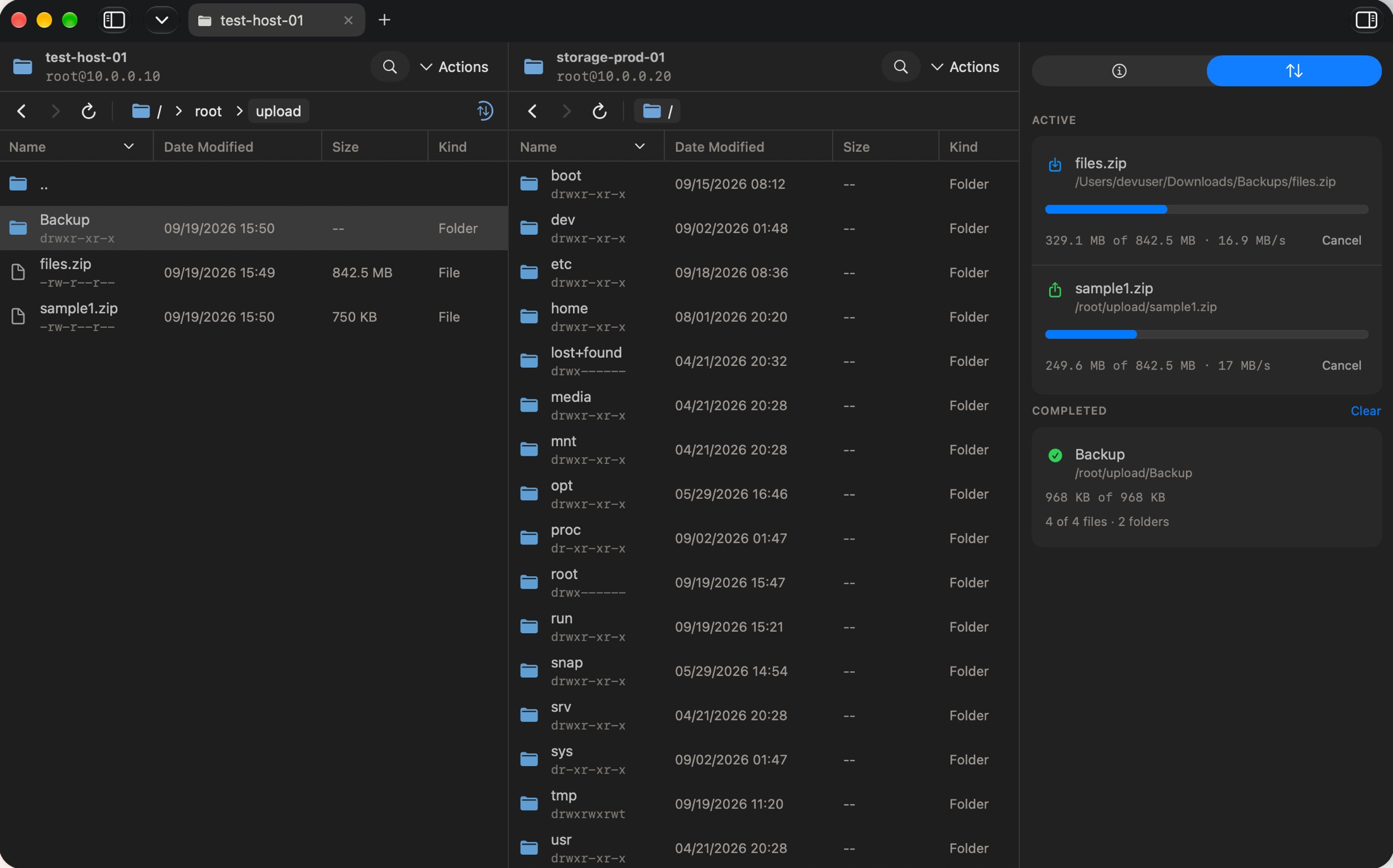 Two SFTP browser panes side by side with active and completed transfers in the inspector