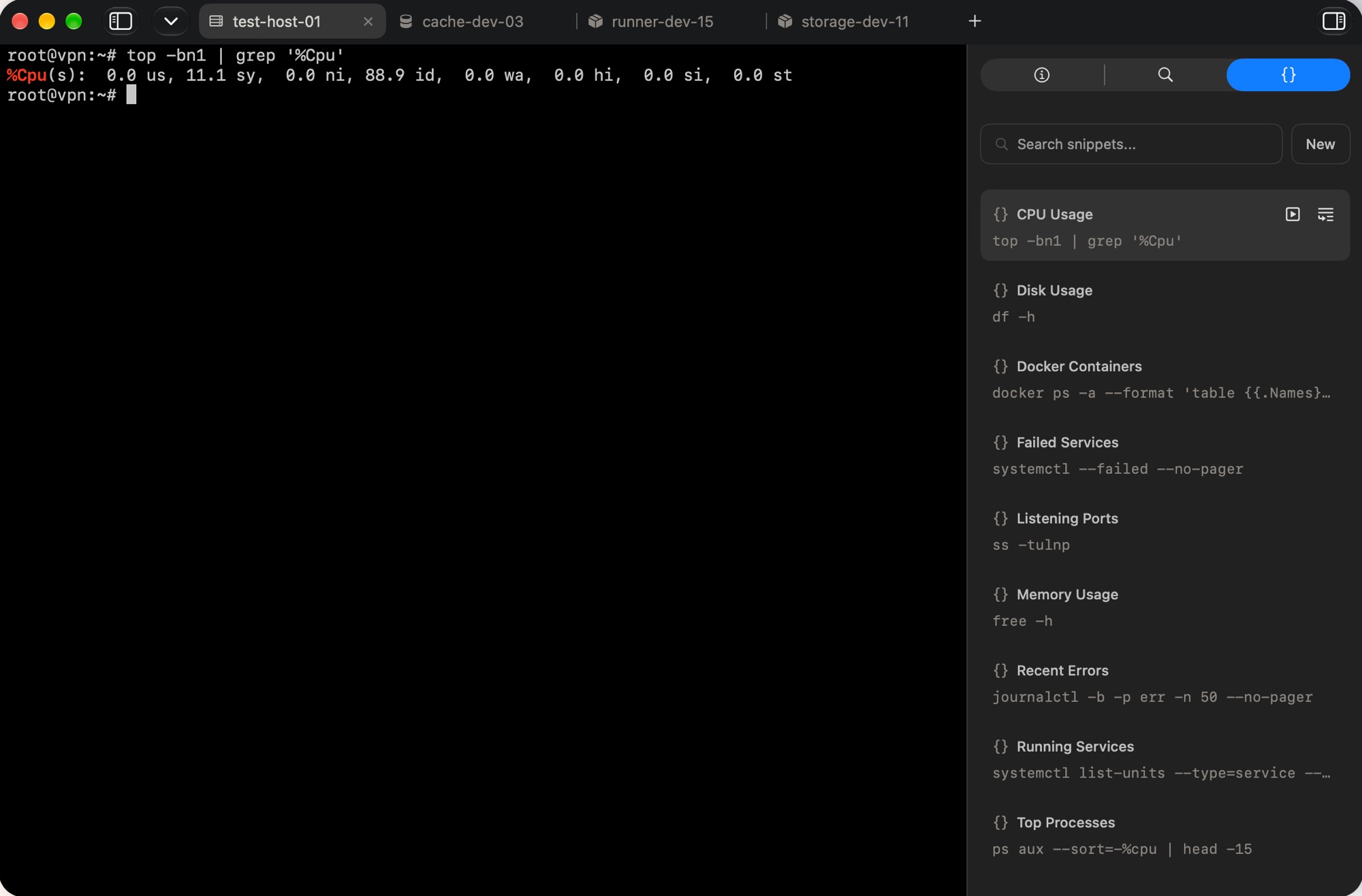 Terminal session with the snippets library open in the inspector